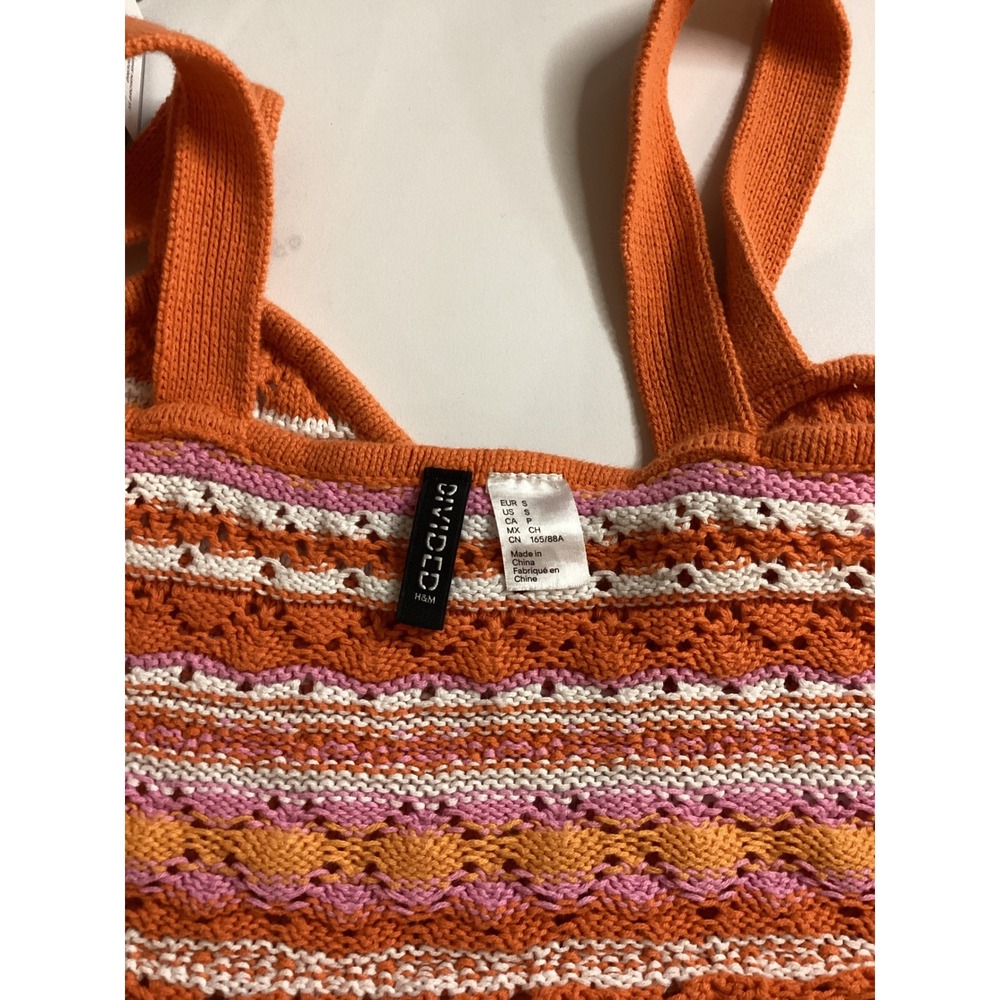 H&M Divided Orange Pink Crochet Knit Crop Top‎ Boho Striped Tank Small - Picture 5 of 6